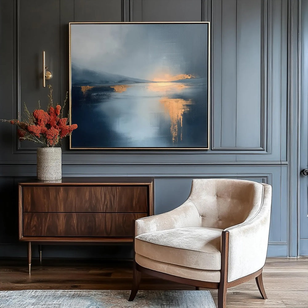 Abstract Blue and Gold Art Print - Modern Landscape Painting - Large Canvas Wall Art for Living Room - Abstract Ocean Painting Wall Art