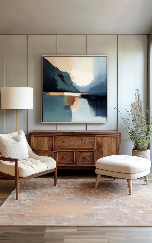 Abstract Mountain Lake Painting – Modern Blue Landscape Canvas Print, Minimalist Wall Art, Nature-Inspired Home Decor, Contemporary Art