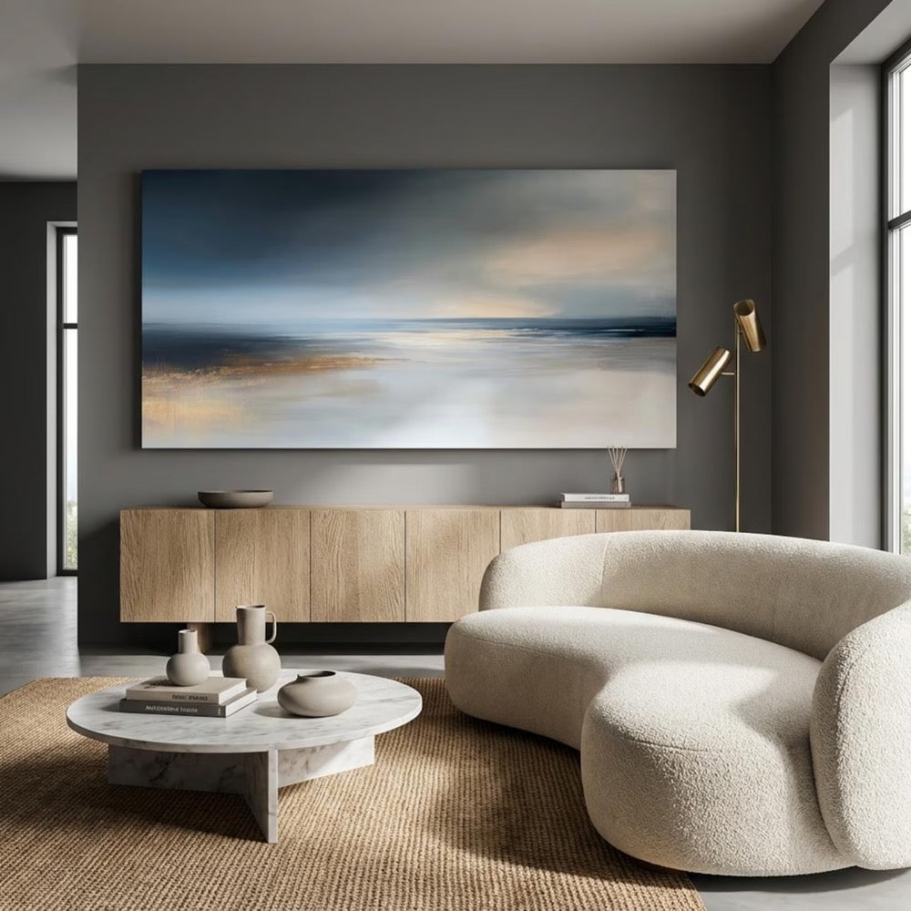 Oversized Horizontal Abstract Wall Art Canvas Navy Blue Grey Landscape Print Large Gold Foil Seascape