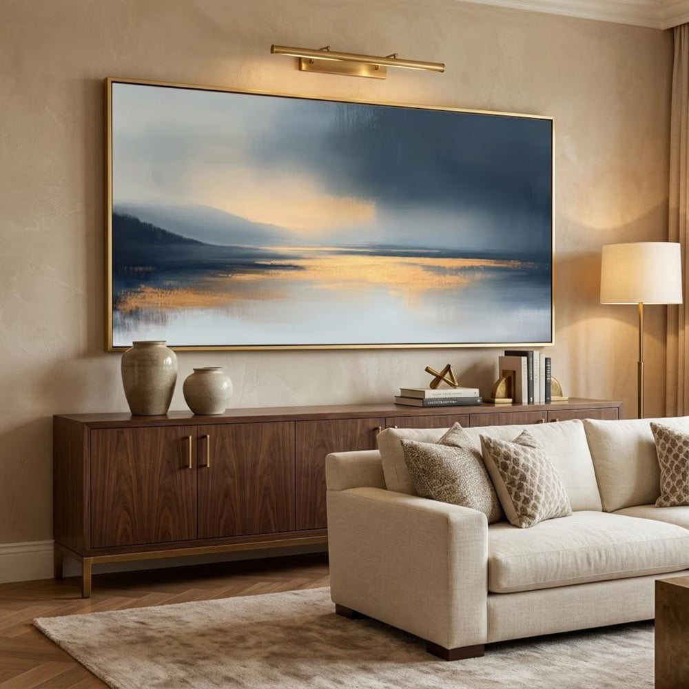 Oversized Horizontal Abstract Wall Art Canvas Navy Blue Grey Landscape Print Large Gold Foil Seascape