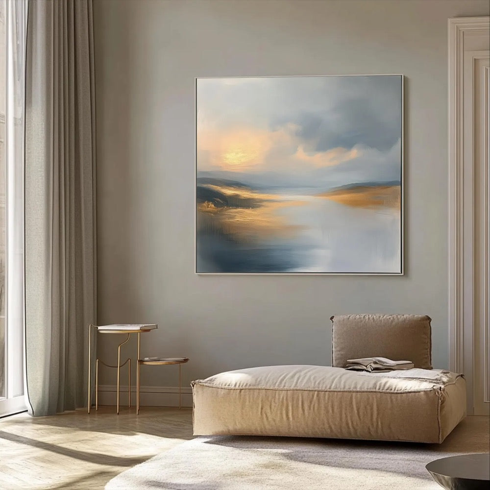 Abstract Blue and Gold Landscape Art Print Canvas, Abstract Sunset Modern Wall Art Decor, Nature Inspired Large Abstract Landscape Paintings