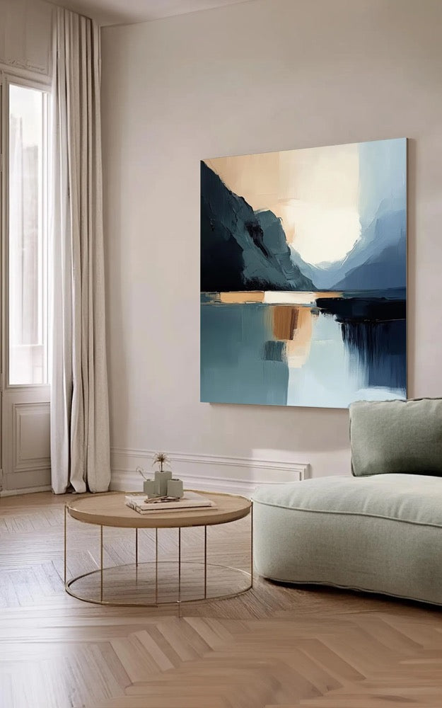 Abstract Mountain Lake Painting – Modern Blue Landscape Canvas Print, Minimalist Wall Art, Nature-Inspired Home Decor, Contemporary Art