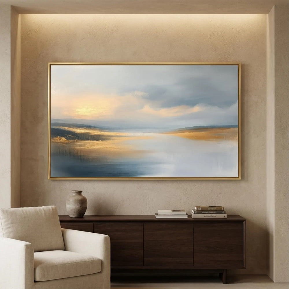 Panoramic Oversized Horizontal Seascape Abstract Wall Art Canvas Above Sofa Gold Blue Grey Landscape