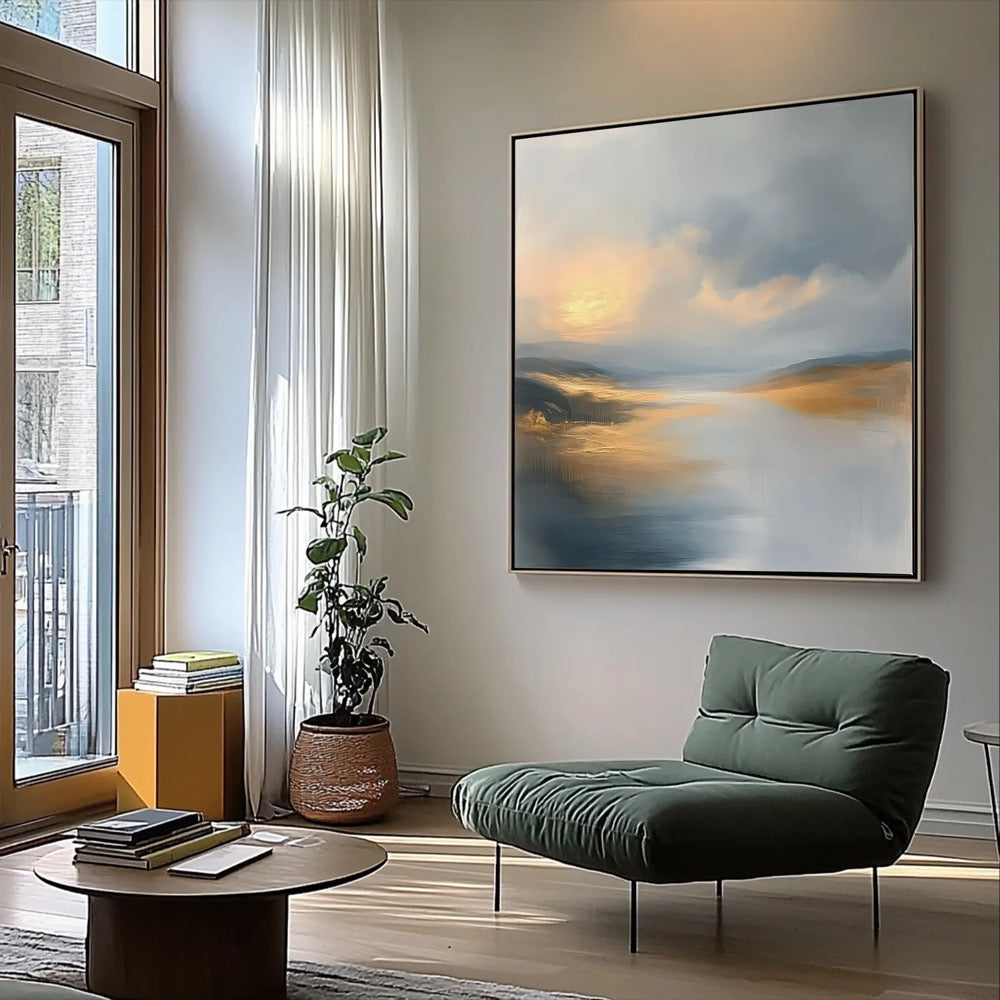 Abstract Blue and Gold Landscape Art Print Canvas, Abstract Sunset Modern Wall Art Decor, Nature Inspired Large Abstract Landscape Paintings