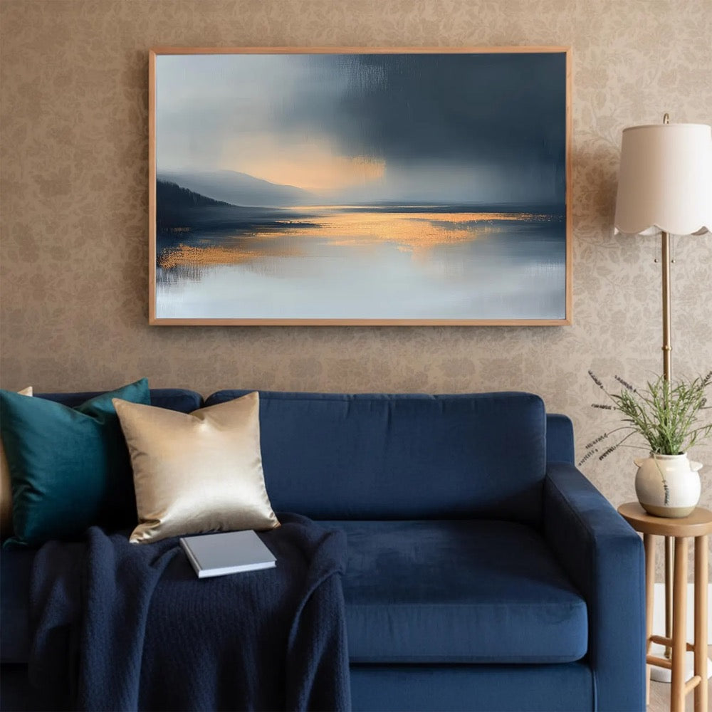Blue Gold Abstract Wall Art Print Modern Landscape Canvas Large Calming Horizon Artwork For Living Room Bedroom Contemporary Home Decor