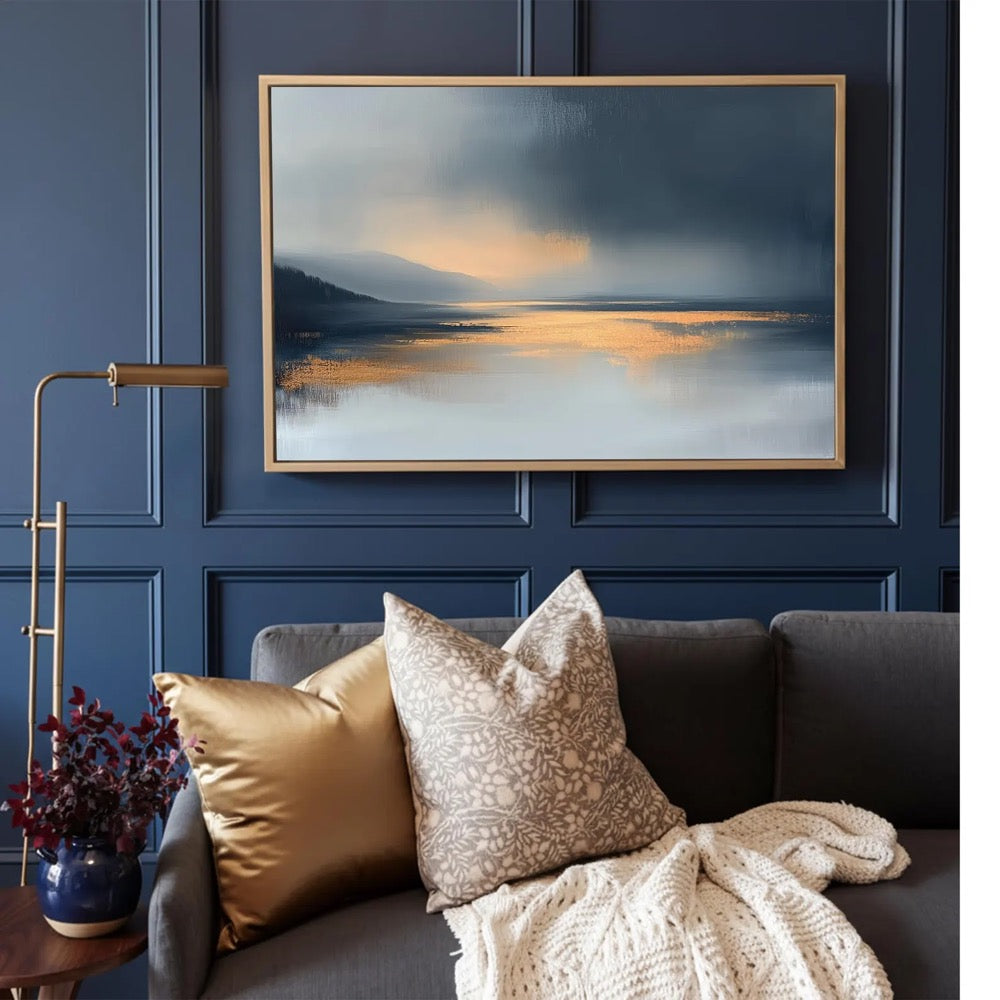 Blue Gold Abstract Wall Art Print Modern Landscape Canvas Large Calming Horizon Artwork For Living Room Bedroom Contemporary Home Decor