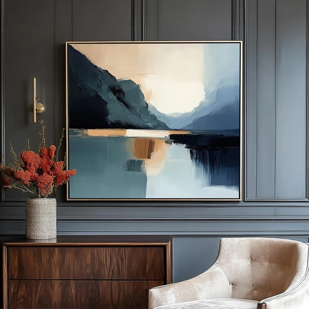 Abstract Mountain Lake Painting – Modern Blue Landscape Canvas Print, Minimalist Wall Art, Nature-Inspired Home Decor, Contemporary Art