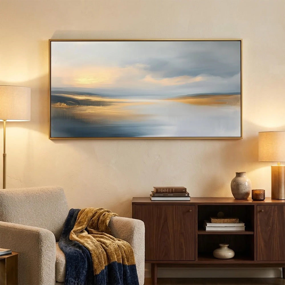 Panoramic Oversized Horizontal Seascape Abstract Wall Art Canvas Above Sofa Gold Blue Grey Landscape