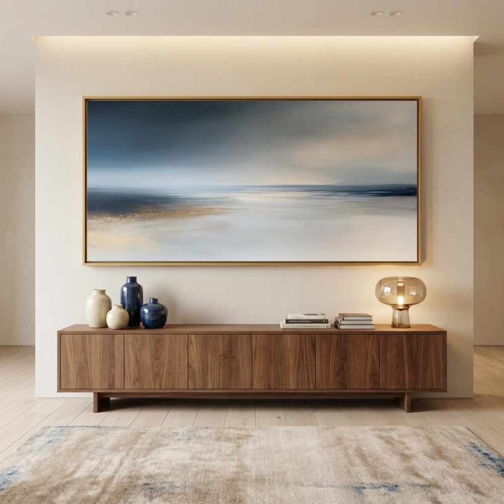 Oversized Horizontal Abstract Wall Art Canvas Navy Blue Grey Landscape Print Large Gold Foil Seascape
