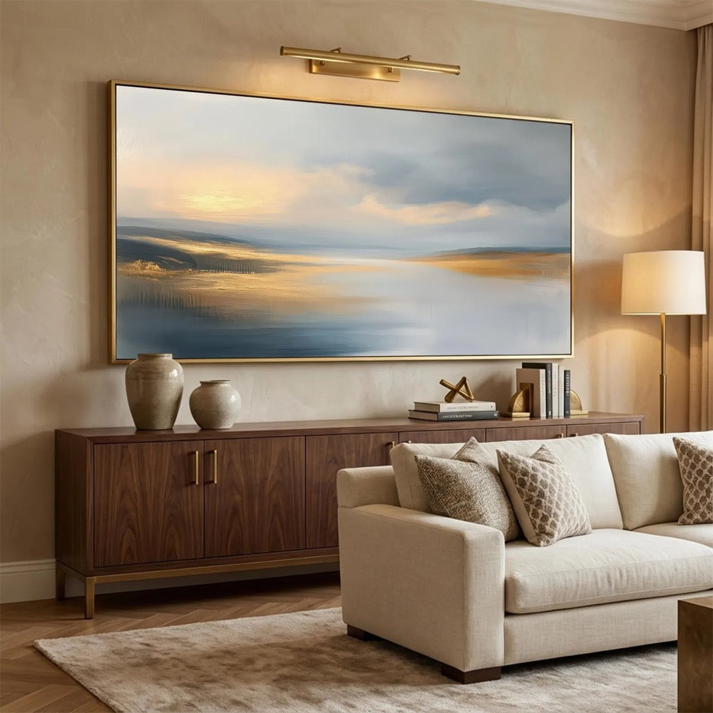Panoramic Oversized Horizontal Seascape Abstract Wall Art Canvas Above Sofa Gold Blue Grey Landscape