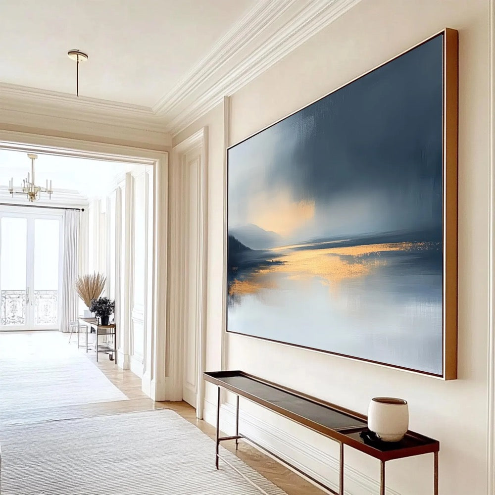 Oversized Horizontal Abstract Wall Art Canvas Navy Blue Grey Landscape Print Large Gold Foil Seascape