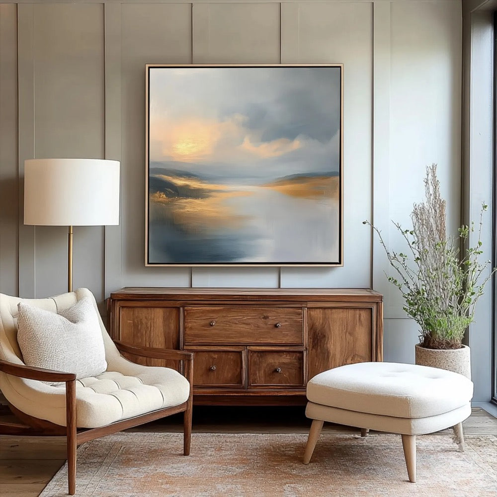 Abstract Blue and Gold Landscape Art Print Canvas, Abstract Sunset Modern Wall Art Decor, Nature Inspired Large Abstract Landscape Paintings