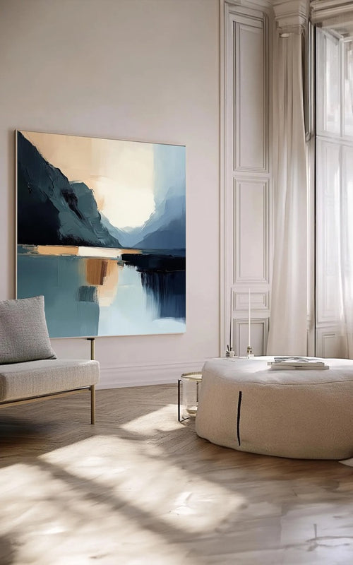Abstract Mountain Lake Painting – Modern Blue Landscape Canvas Print, Minimalist Wall Art, Nature-Inspired Home Decor, Contemporary Art