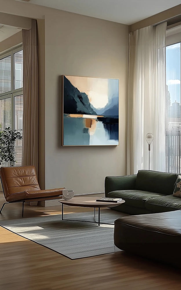 Abstract Mountain Lake Painting – Modern Blue Landscape Canvas Print, Minimalist Wall Art, Nature-Inspired Home Decor, Contemporary Art