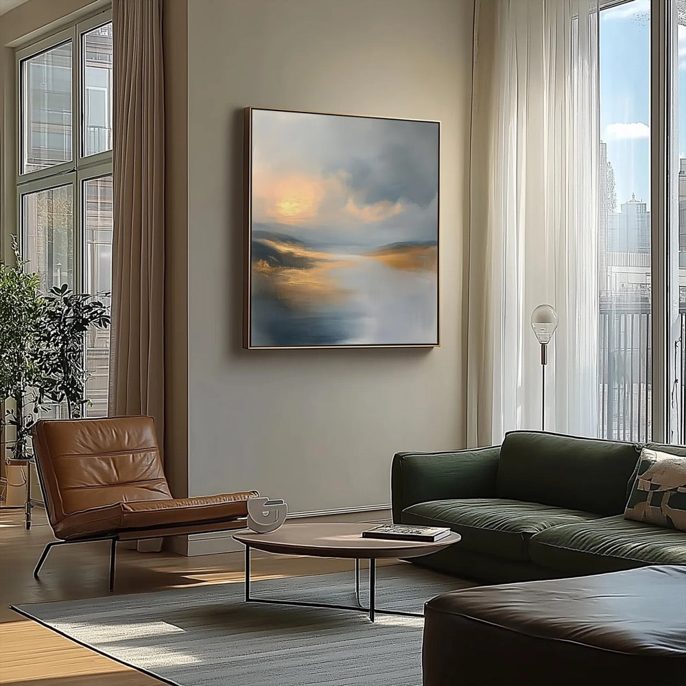 Abstract Blue and Gold Landscape Art Print Canvas, Abstract Sunset Modern Wall Art Decor, Nature Inspired Large Abstract Landscape Paintings