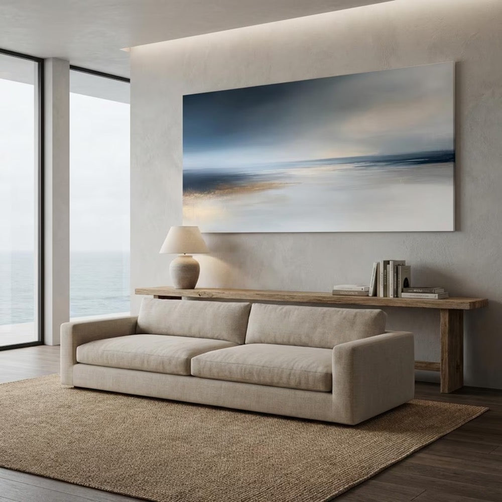 Oversized Horizontal Abstract Wall Art Canvas Navy Blue Grey Landscape Print Large Gold Foil Seascape