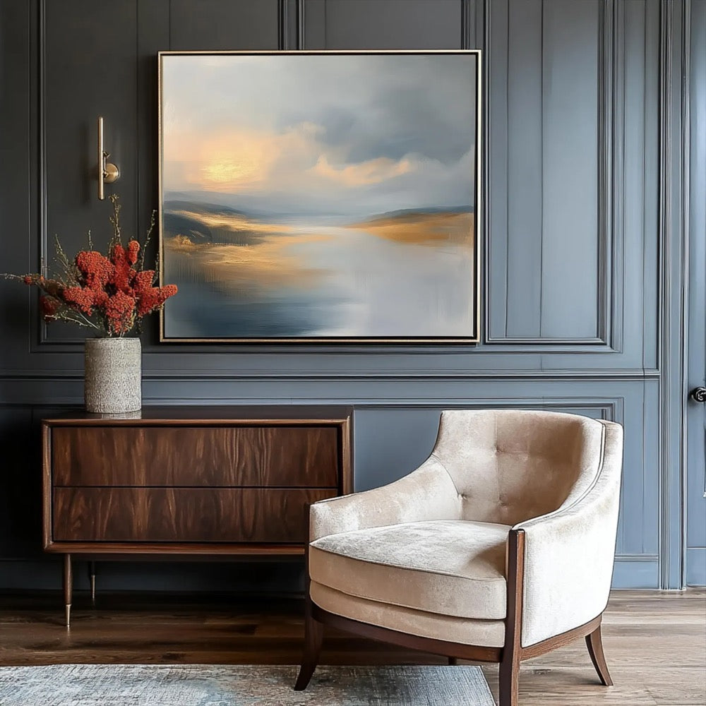 Abstract Blue and Gold Landscape Art Print Canvas, Abstract Sunset Modern Wall Art Decor, Nature Inspired Large Abstract Landscape Paintings