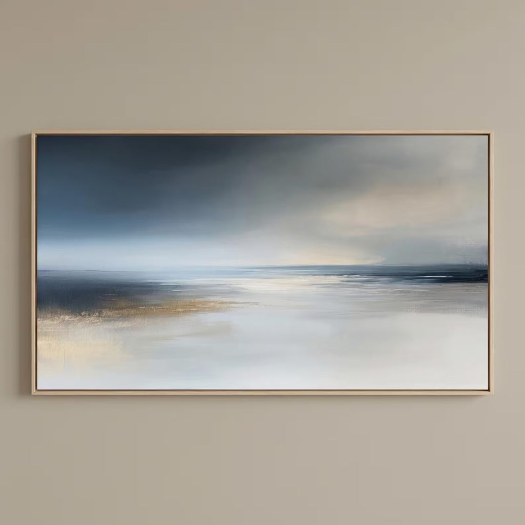 Oversized Horizontal Abstract Wall Art Canvas Navy Blue Grey Landscape Print Large Gold Foil Seascape