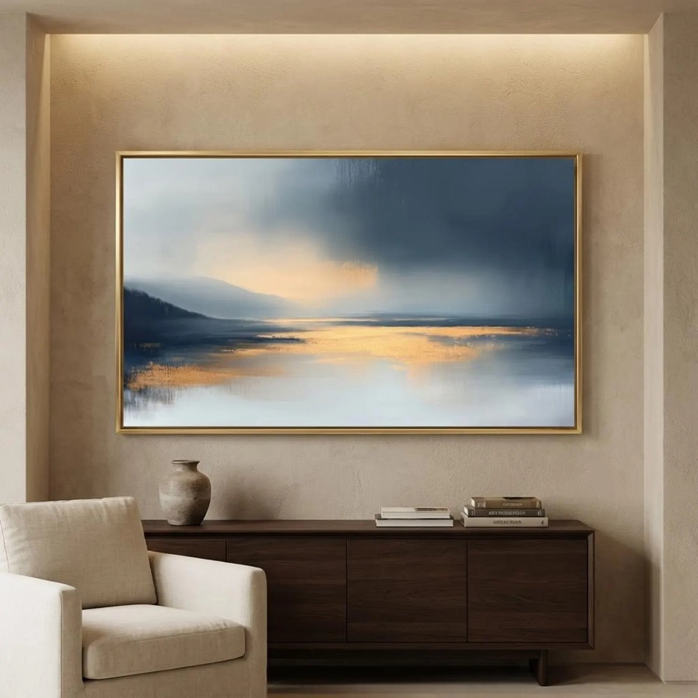 Oversized Horizontal Abstract Wall Art Canvas Navy Blue Grey Landscape Print Large Gold Foil Seascape