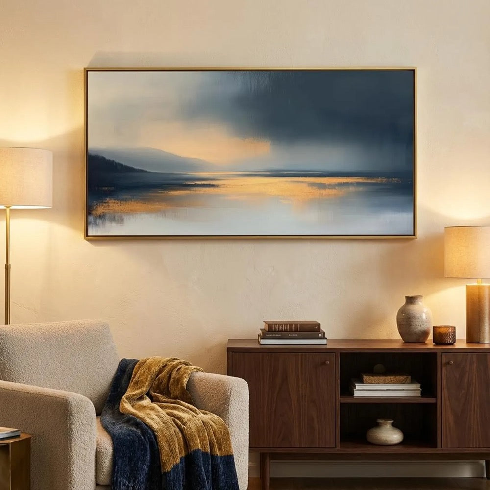 Oversized Horizontal Abstract Wall Art Canvas Navy Blue Grey Landscape Print Large Gold Foil Seascape