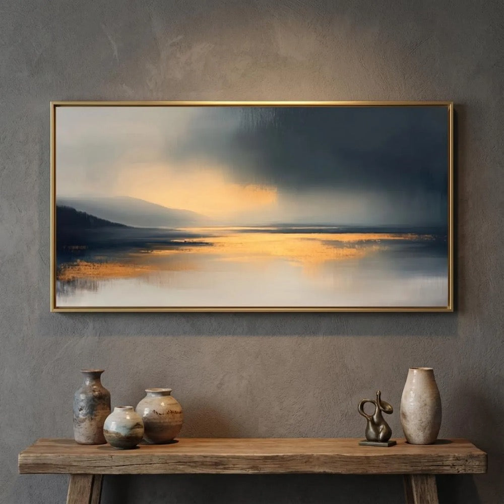 Oversized Horizontal Abstract Wall Art Canvas Navy Blue Grey Landscape Print Large Gold Foil Seascape